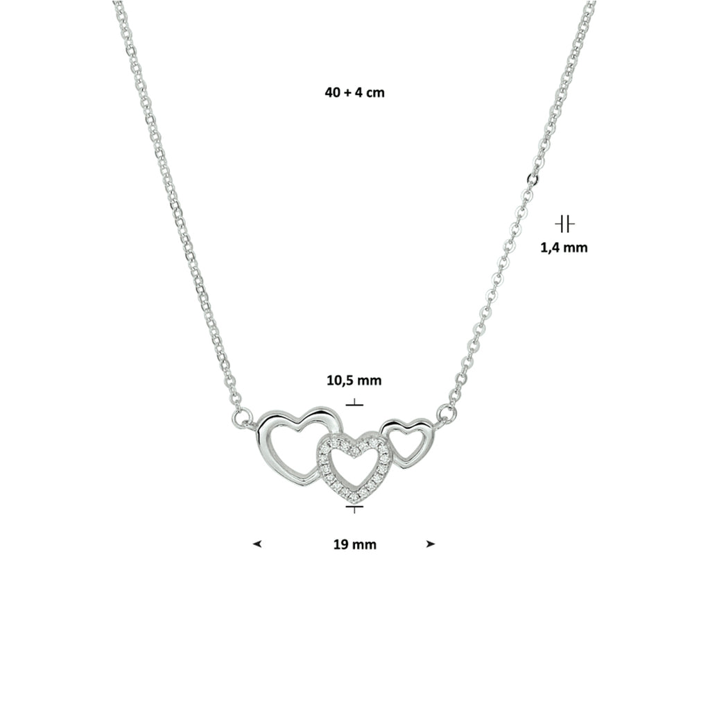 Halskette Herzen und Zirkonia 40 + 4 cm Silber rhodiniert