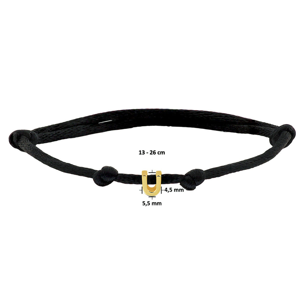Armband Satin schwarz Buchstabe 13 - 26 cm 14K Gold mit Gummi/Nylon/Leder