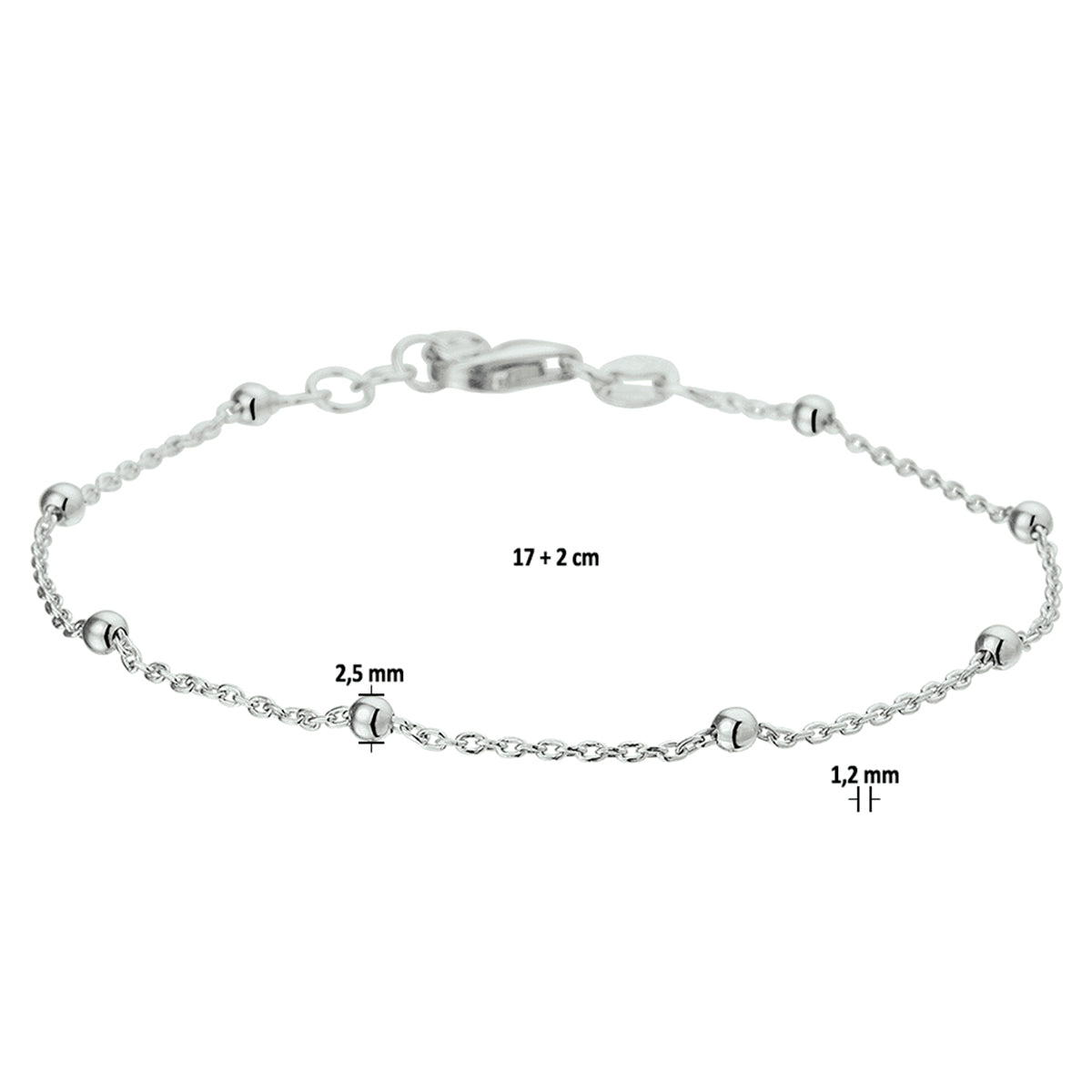 Armband Kugeln 1,2 mm 17 + 2 cm Silber rhodiniert