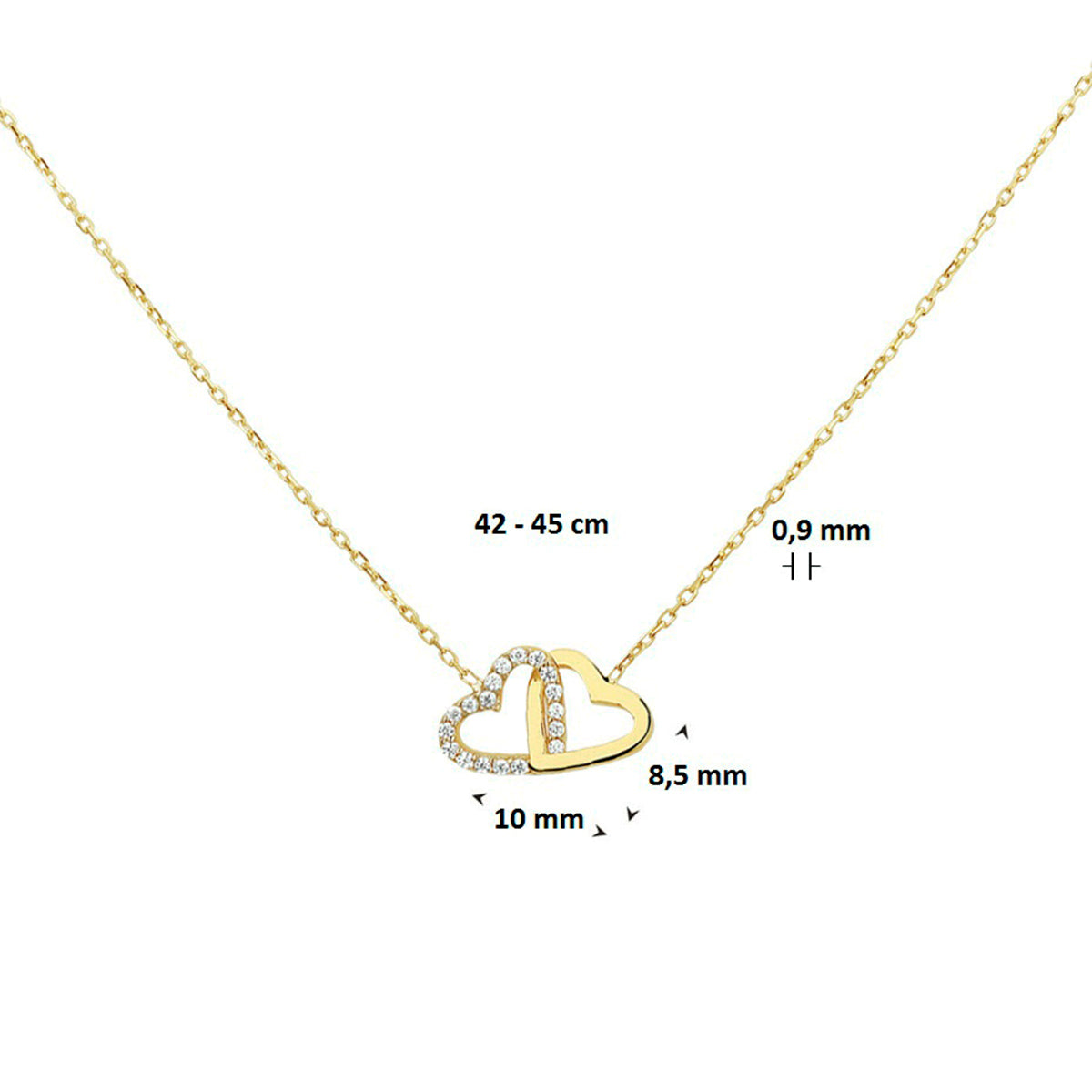 collier hartjes en zirkonia 42 - 45 cm 14K geelgoud