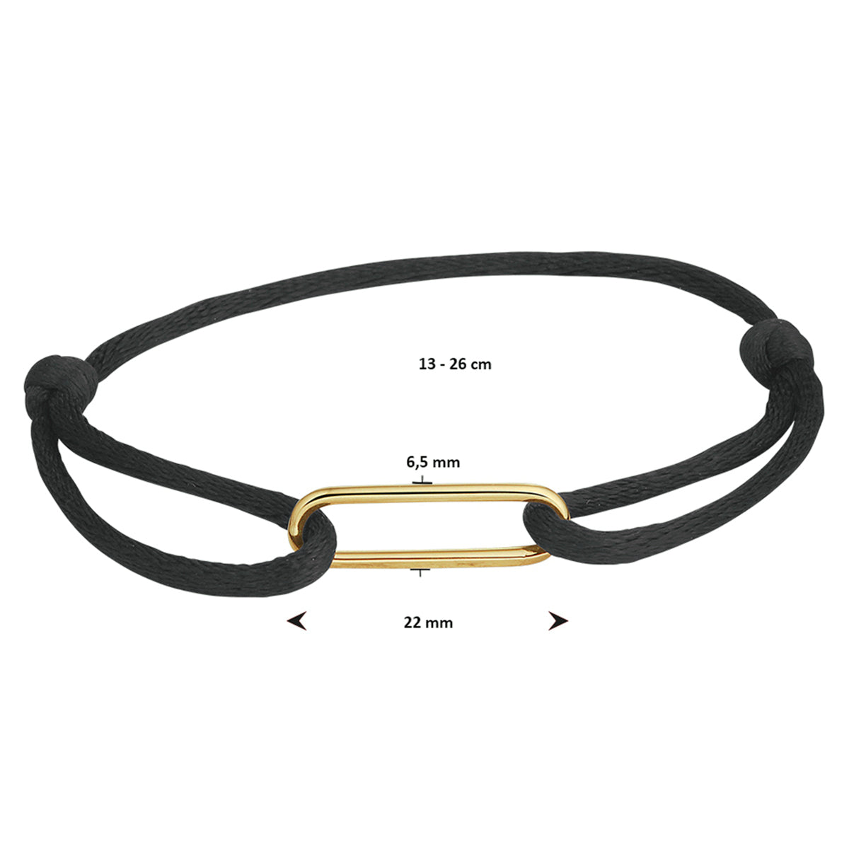 Armband Satin Schwarz 13 - 26 cm 14K Gold mit Gummi/Nylon/Leder