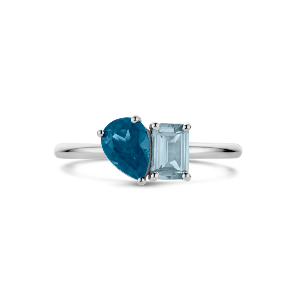 ring toi-et-moi sky blue topaas en london blue topaas 14K witgoud
