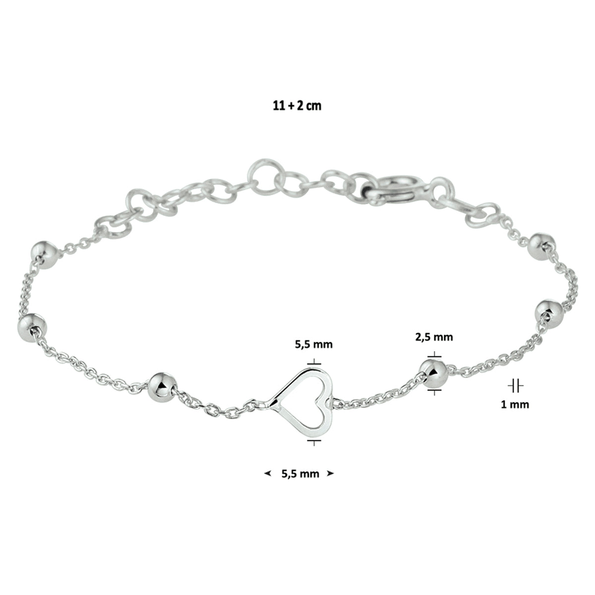 armband hart 11 + 2 cm zilver gerhodineerd