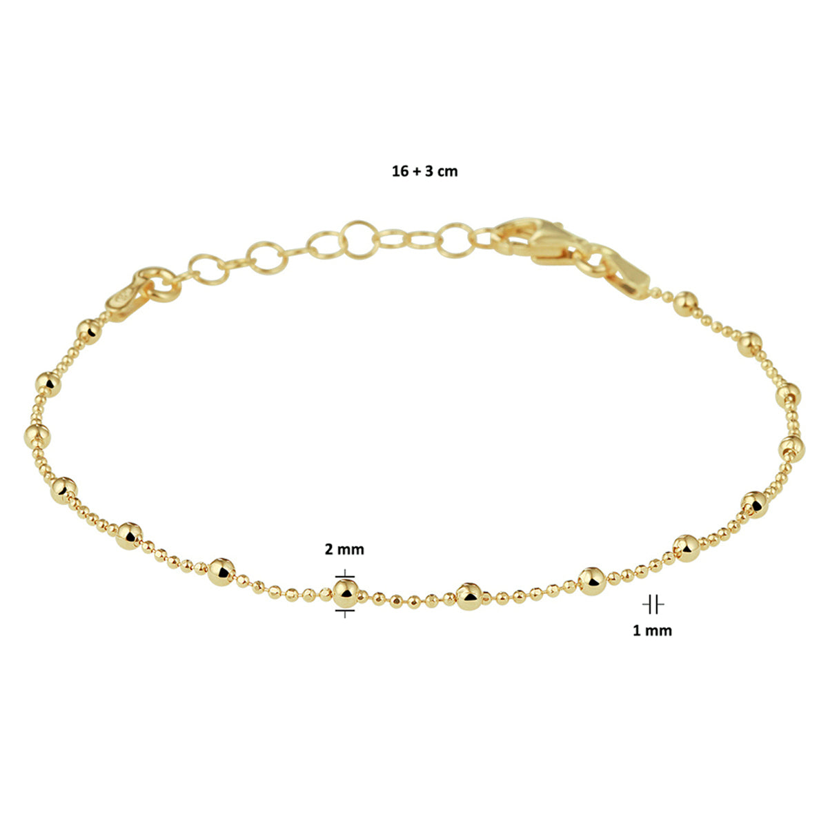 Armband Kugeln 2,0 mm 16 + 3 cm 3 Micron Silber vergoldet (gelb)