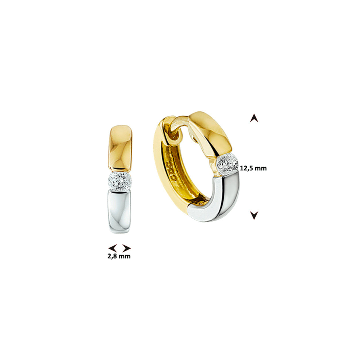 klapoorringen zirkonia 14K bicolor goud geel/wit - vlak