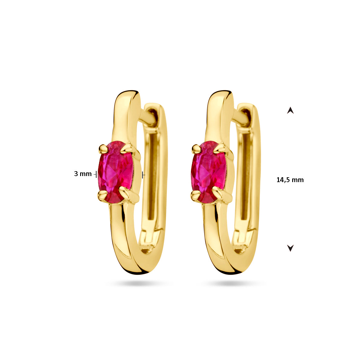 klapoorringen rood zirkonia 1 micron zilver verguld (geel)