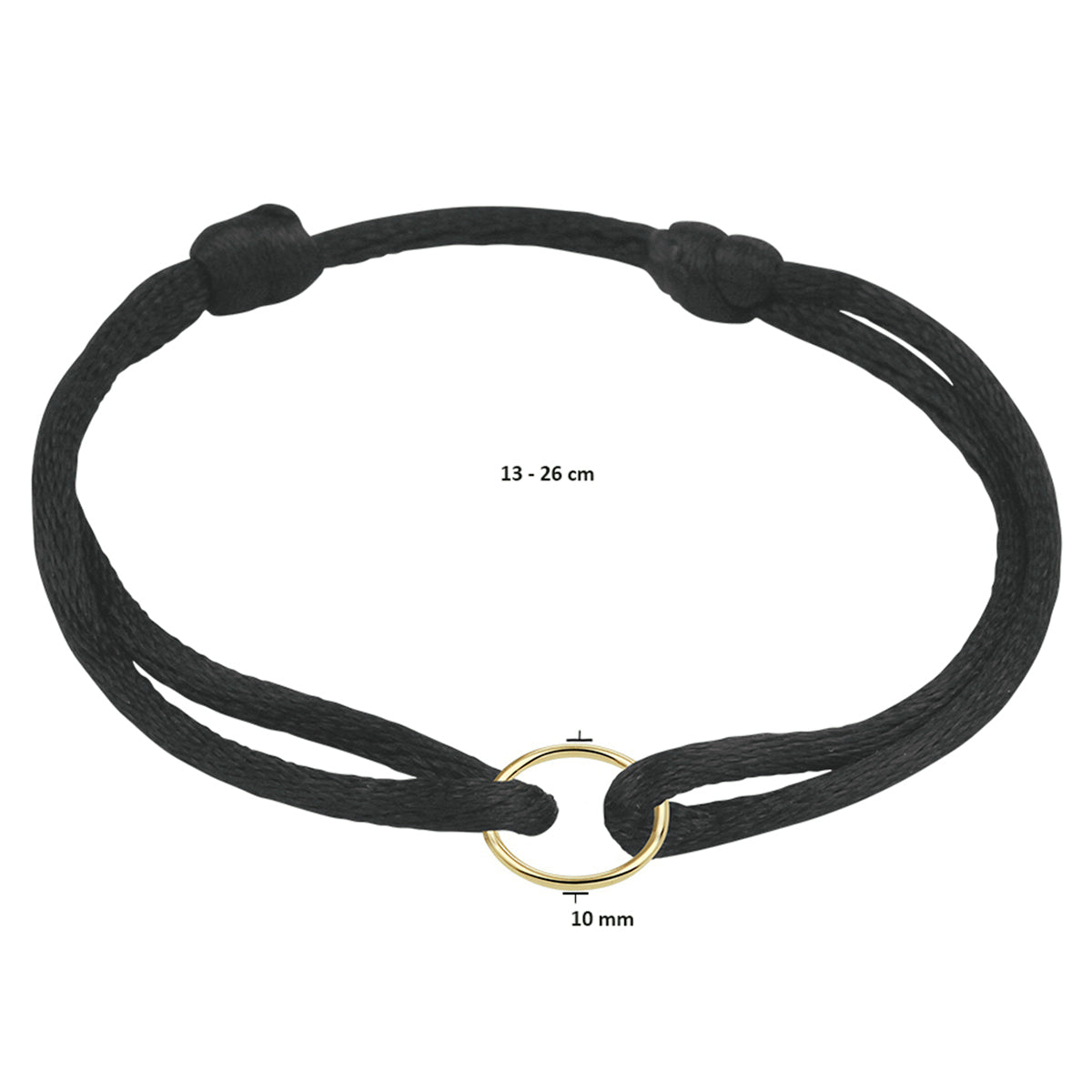 Armband Satin Schwarz Kreis 13 - 26 cm 14K Gold mit Gummi/Nylon/Leder