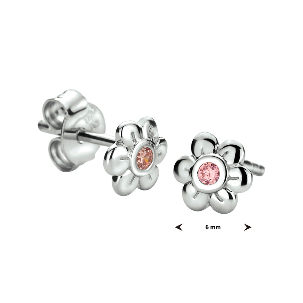 oorknoppen bloem roze zirkonia zilver gerhodineerd