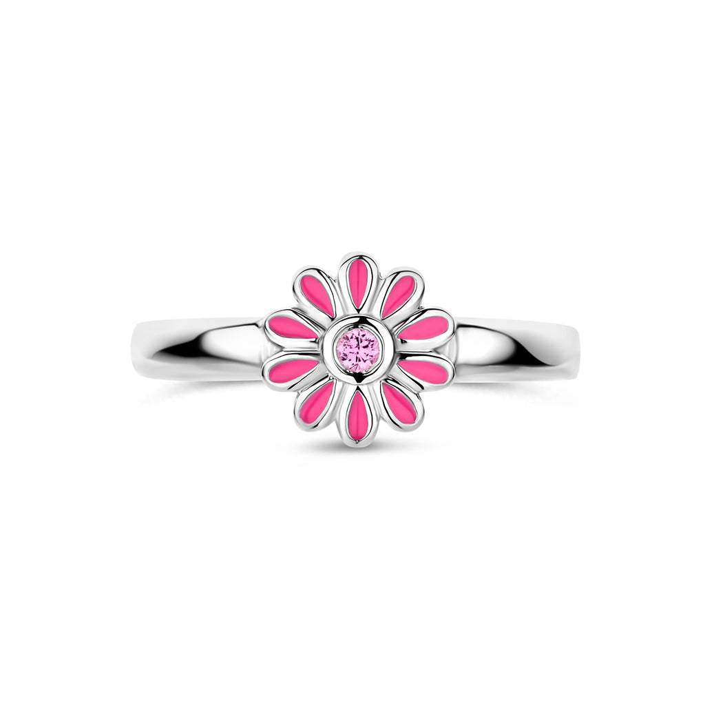 ring emaille bloem roze zirkonia zilver gerhodineerd