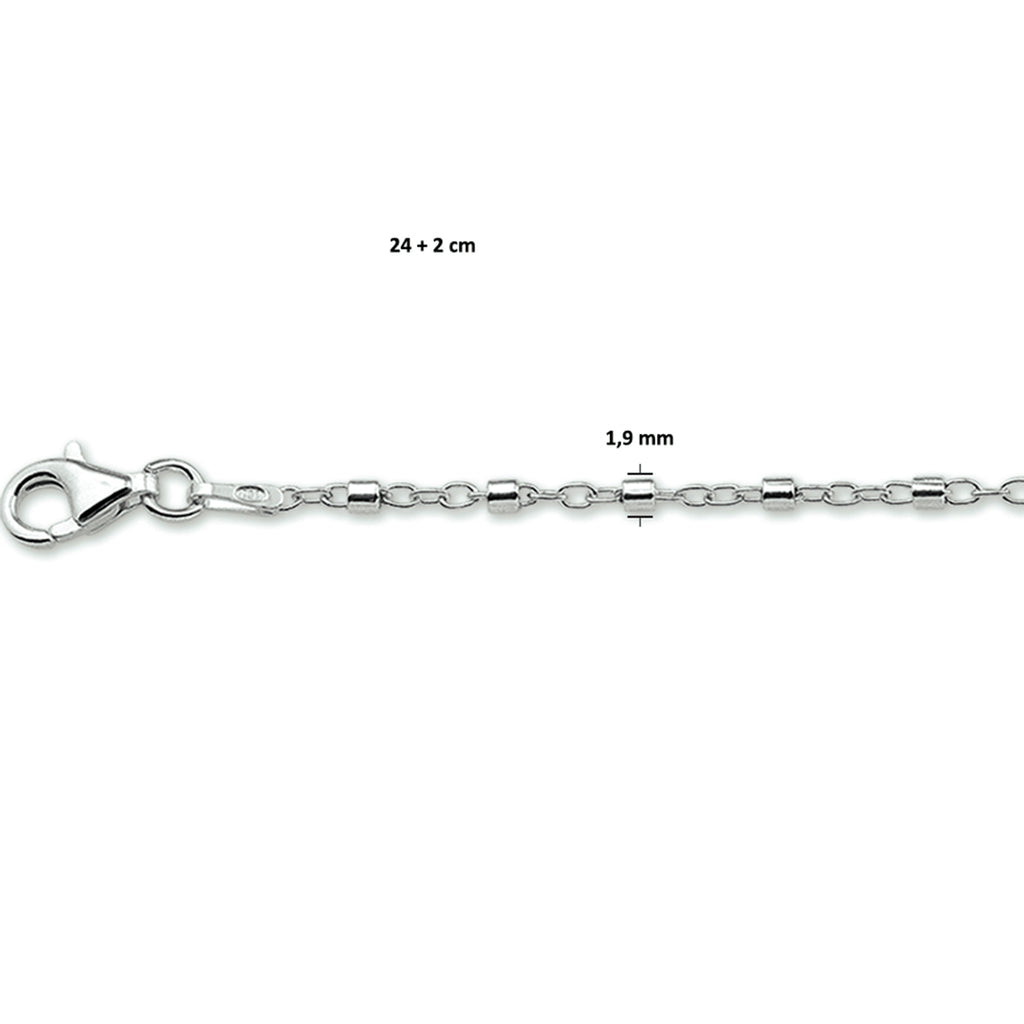 enkelbandje buisjes 24 + 2 cm zilver gerhodineerd