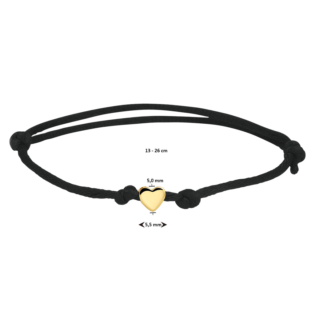 Armband Satin schwarz Herz 13 - 26 cm 14K Gold mit Gummi/Nylon/Leder