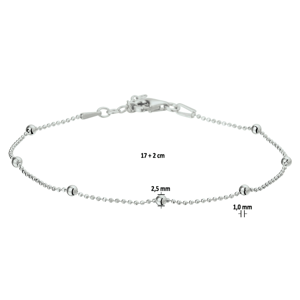 Armband Kugeln 2,5 mm 17 + 2 cm Silber rhodiniert