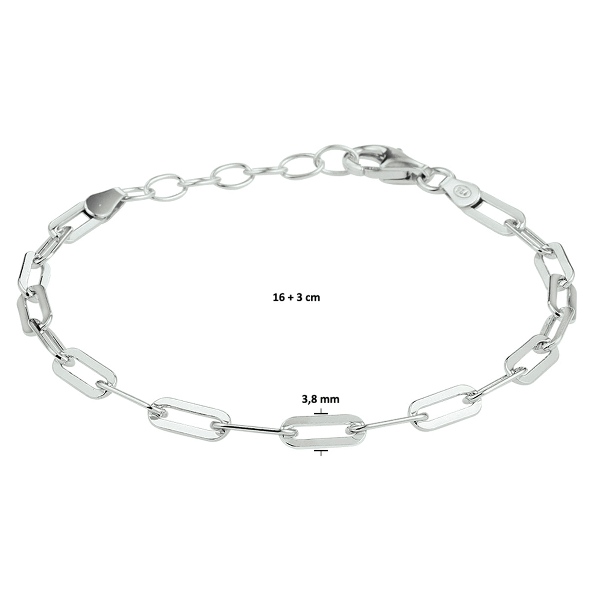 Armband Büroklammer Flachrohr 3,8 mm 16 + 3 cm Silber rhodiniert