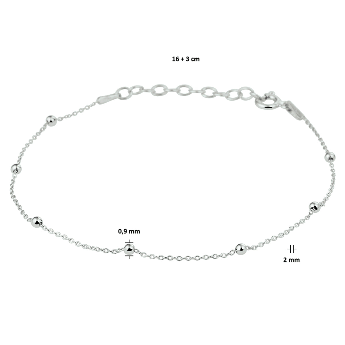 Armband Kugeln 2,0 mm 16 + 3 cm Silber rhodiniert