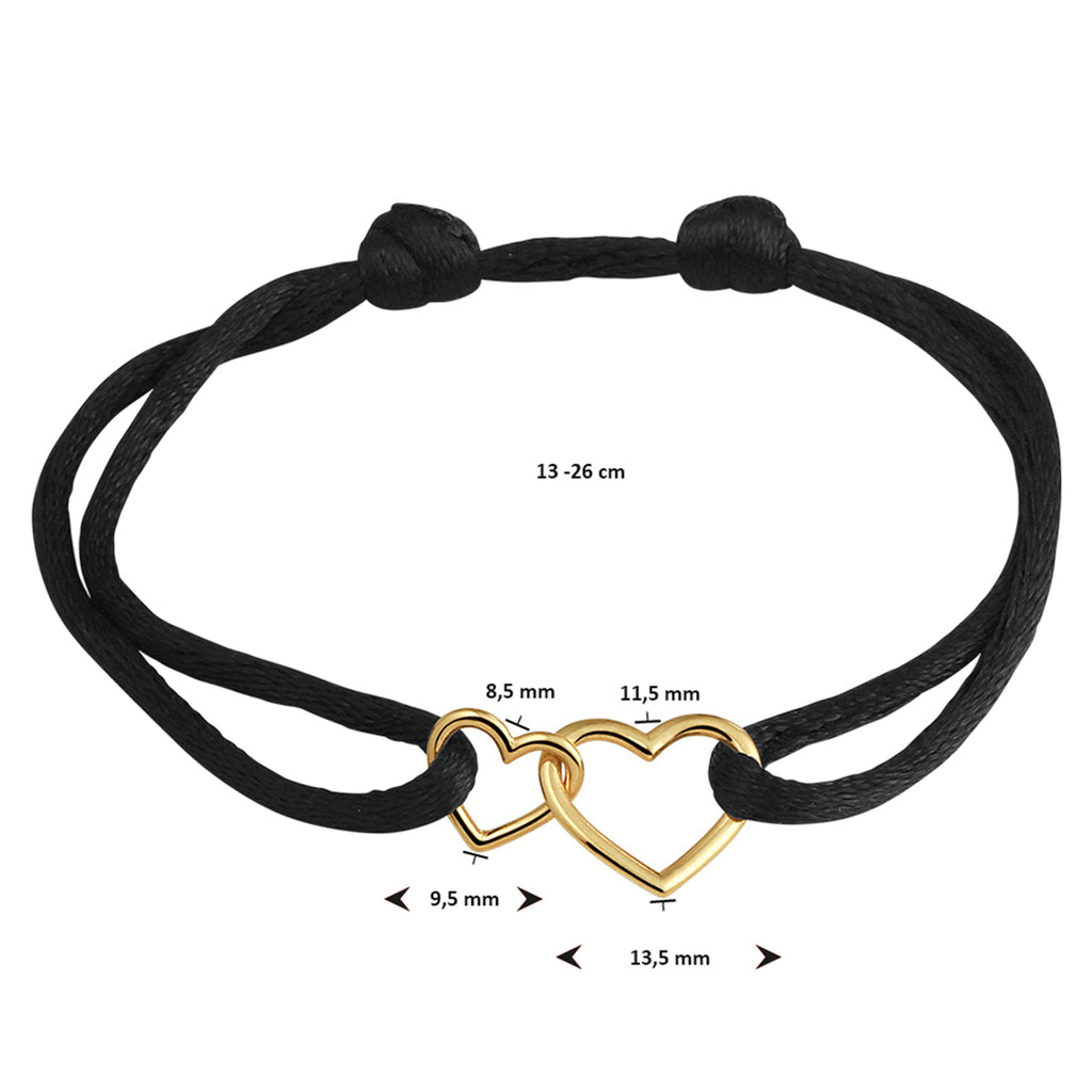Armband Satin Schwarz Herzchen 13 - 26 cm 14K Gold mit Gummi/Nylon/Leder