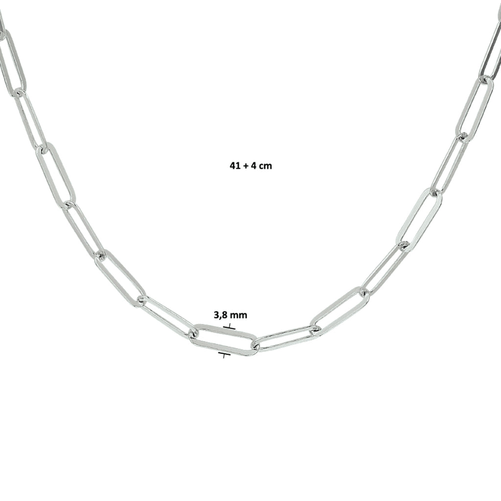 collier paperclip platte buis 3,8 mm 41 + 4 cm zilver gerhodineerd