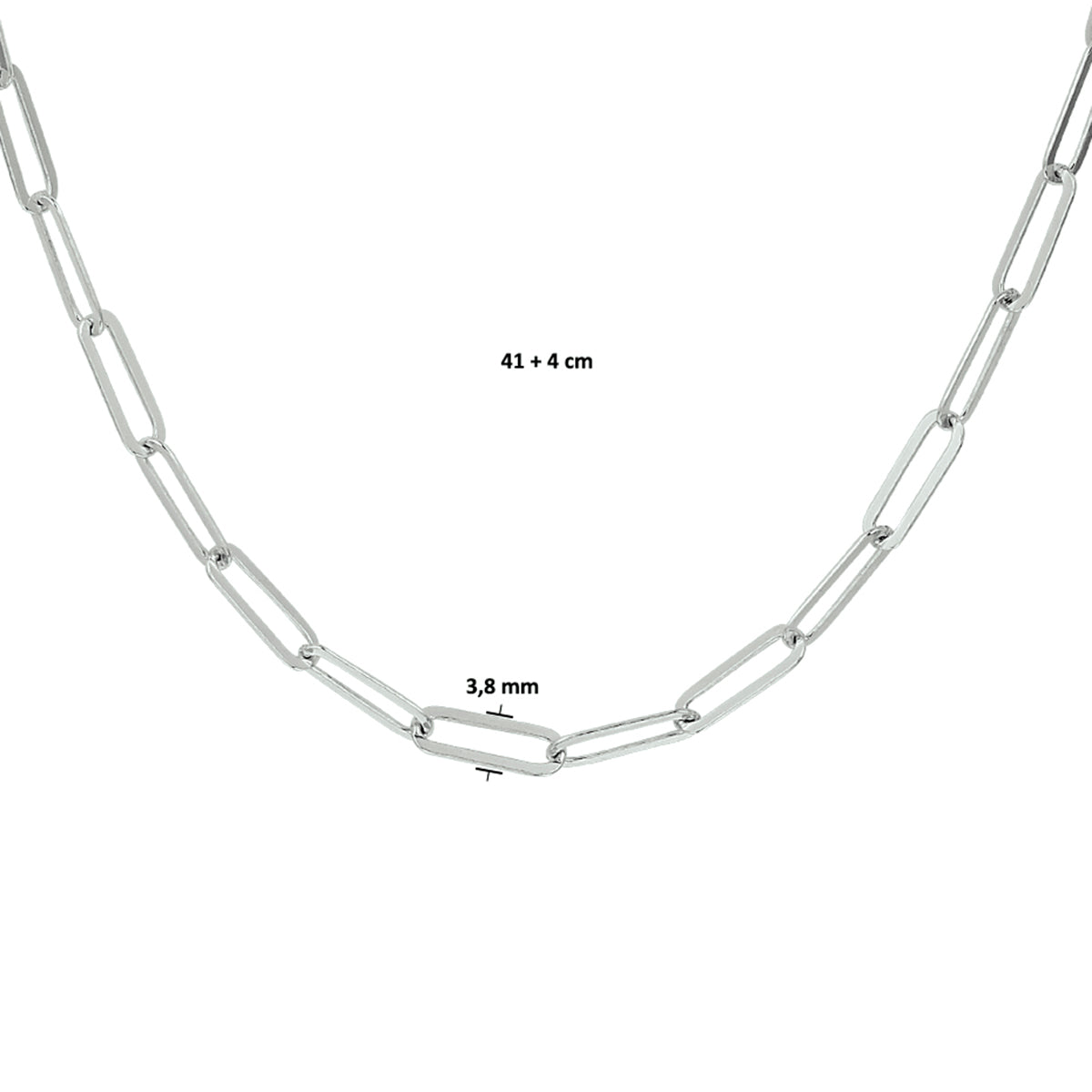 collier paperclip platte buis 3,8 mm 41 + 4 cm zilver gerhodineerd