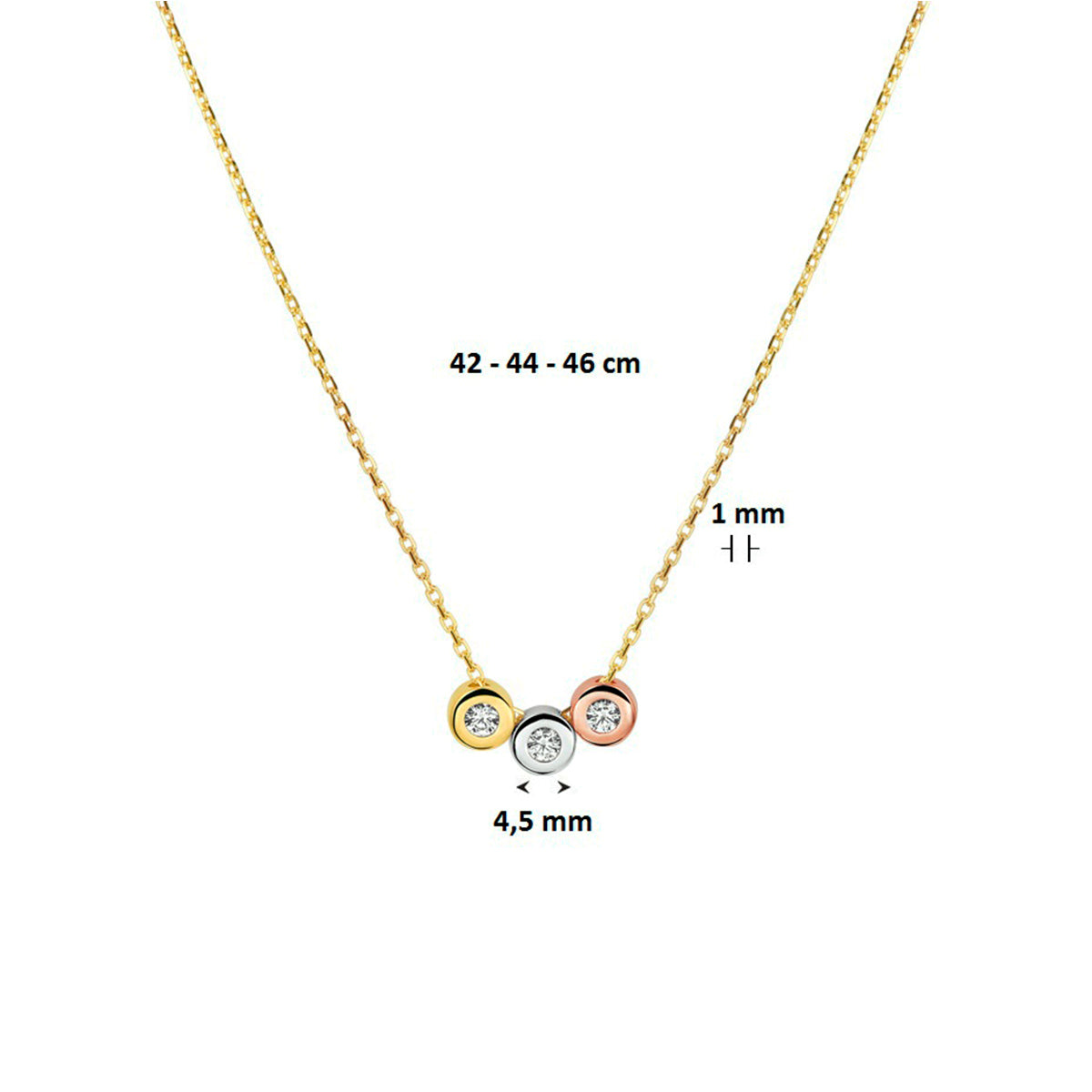 collier tricolor zirkonia 42 - 44 - 46 cm 14K tricolor goud - rondje,bolletje,ringetje,draad