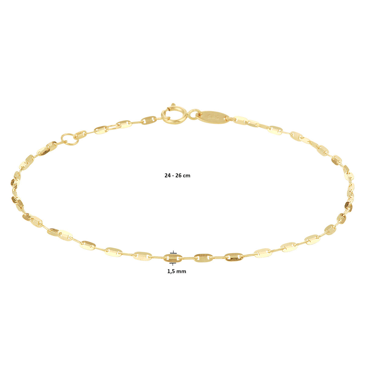 enkelbandje plaatjes 1,5 mm 24 - 26 cm 14K geelgoud