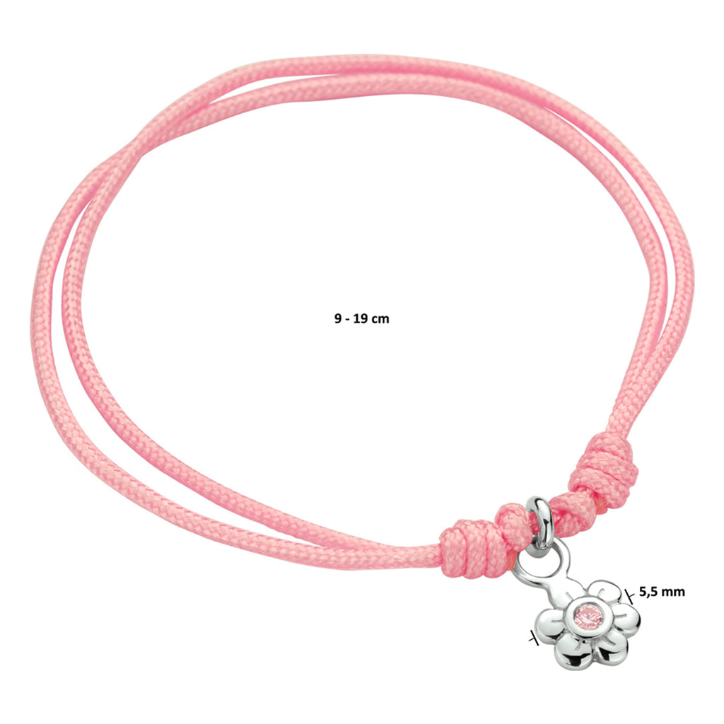 armband bloem roze zirkonia zilver gerhodineerd met rubber/nylon/leer