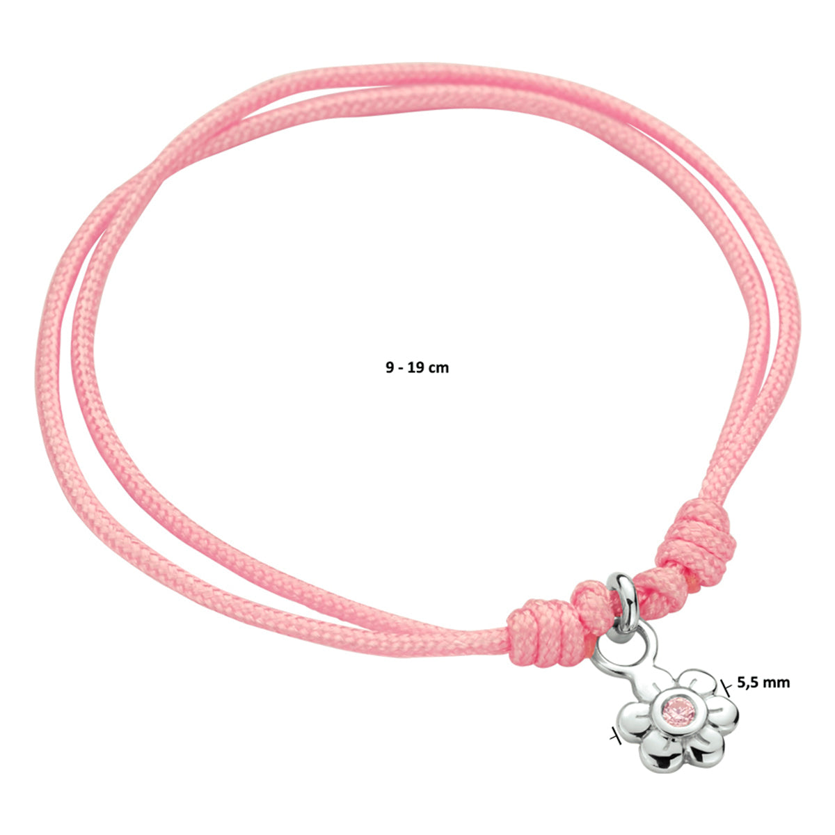 armband bloem roze zirkonia zilver gerhodineerd met rubber/nylon/leer