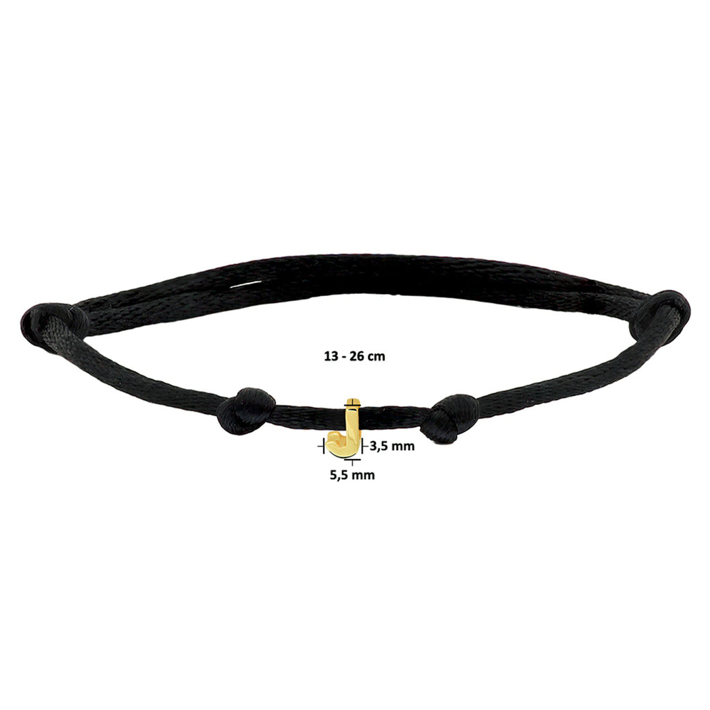 Armband Satin schwarz Buchstabe 13 - 26 cm 14K Gold mit Gummi/Nylon/Leder
