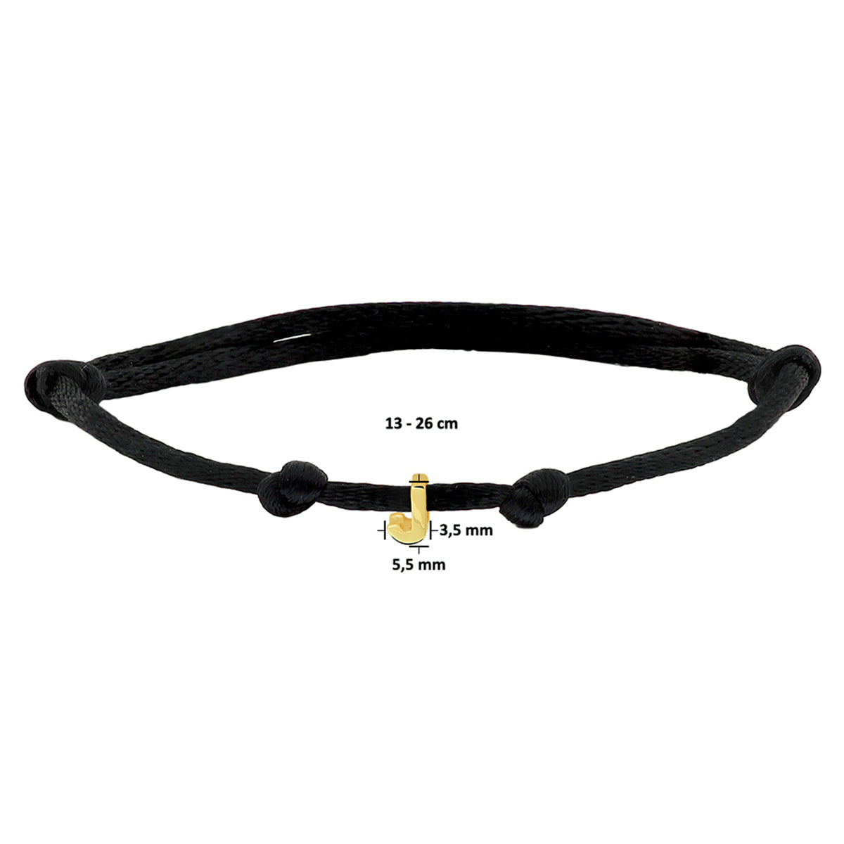 Armband Satin schwarz Buchstabe 13 - 26 cm 14K Gold mit Gummi/Nylon/Leder