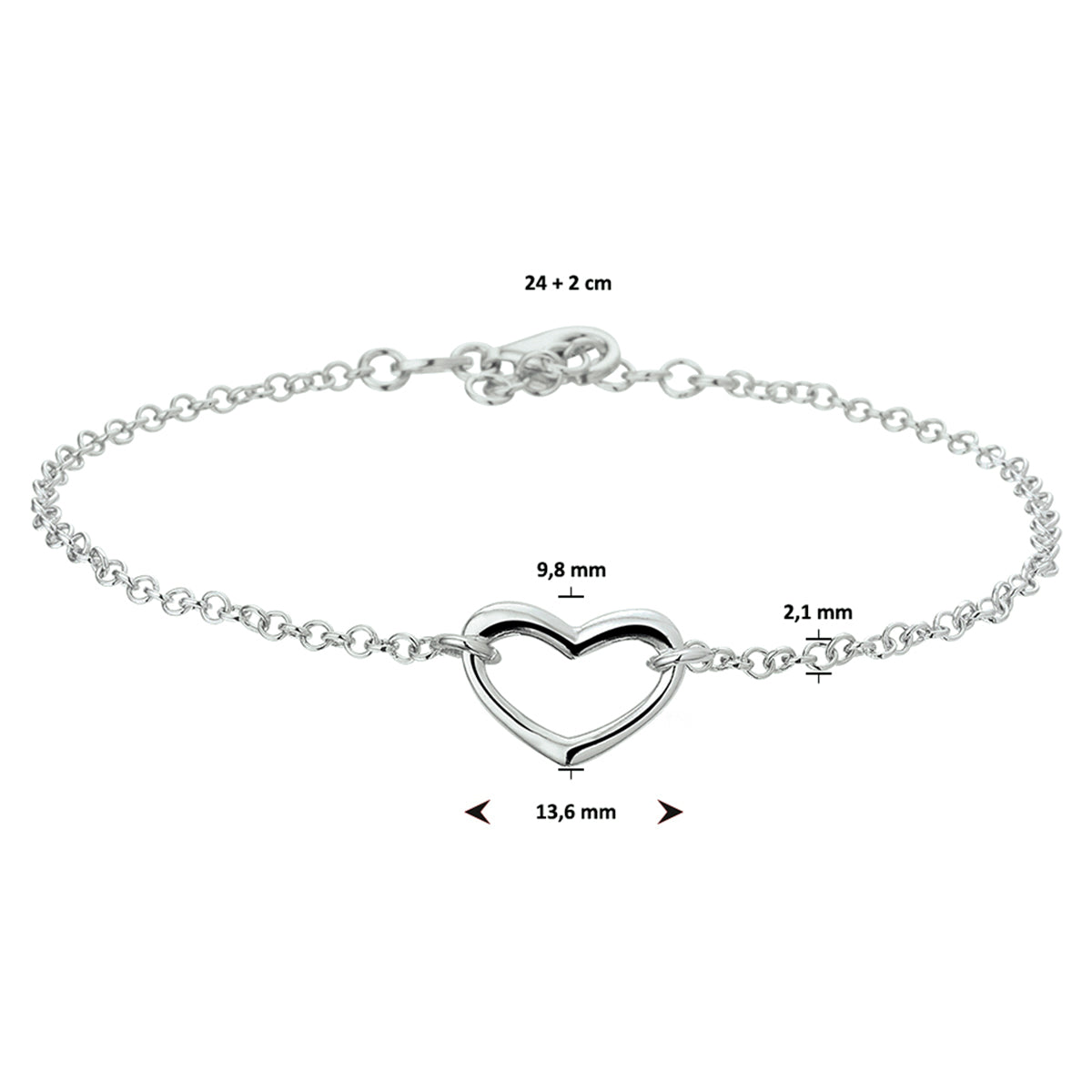 Fußkettchen Herz 24 + 2 cm Silber rhodiniert
