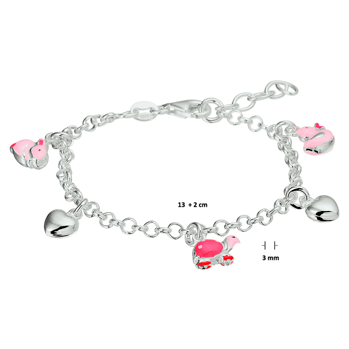 armband hart en dieren emaille 13 + 2 cm zilver gerhodineerd