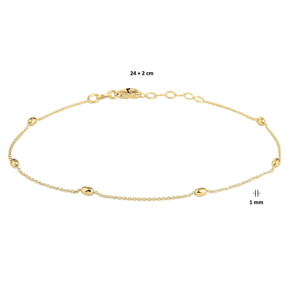 enkelbandje bolletjes 1,0 mm 24 + 2 cm 3 micron zilver verguld (geel)