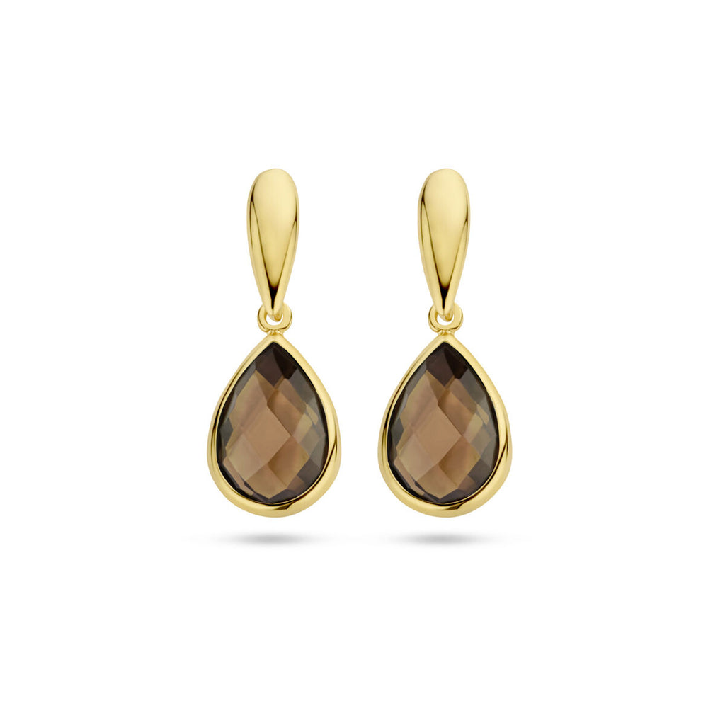oorhangers rookkwarts 20 mm 14K geelgoud