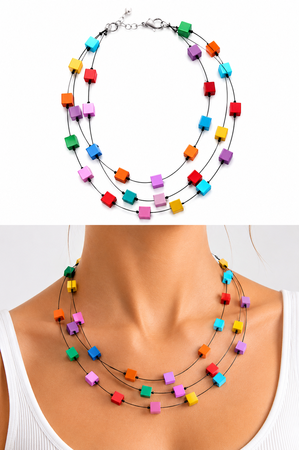 MOOI Handgemaakt – Kleurrijke Drielaagse Ketting 44 cm