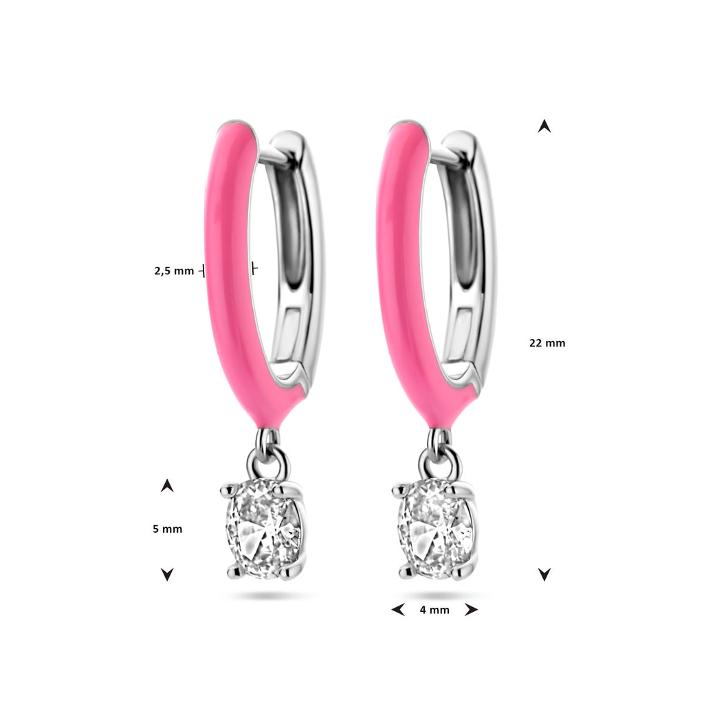 klapoorringen zirkonia en roze emaille zilver gerhodineerd