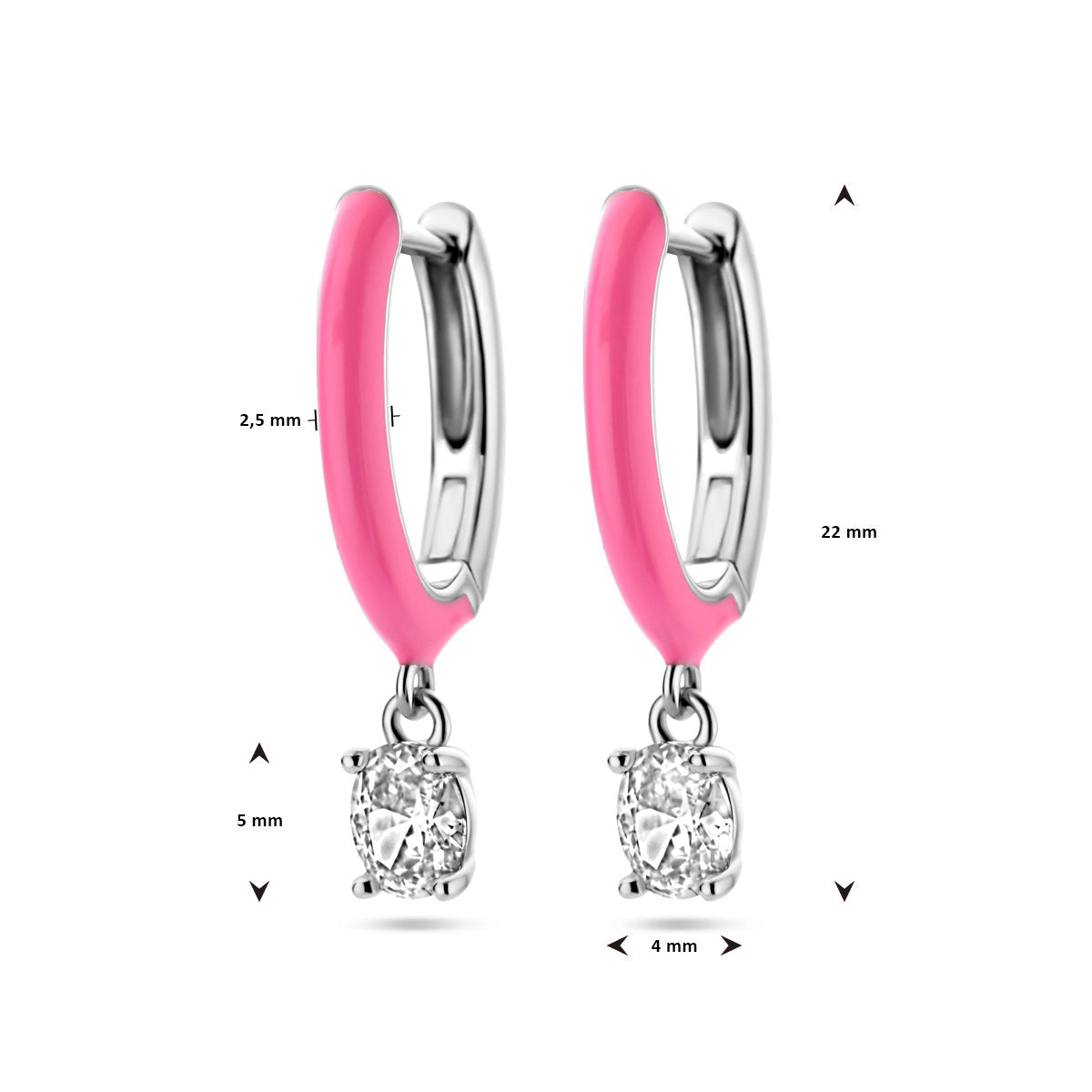 klapoorringen zirkonia en roze emaille zilver gerhodineerd