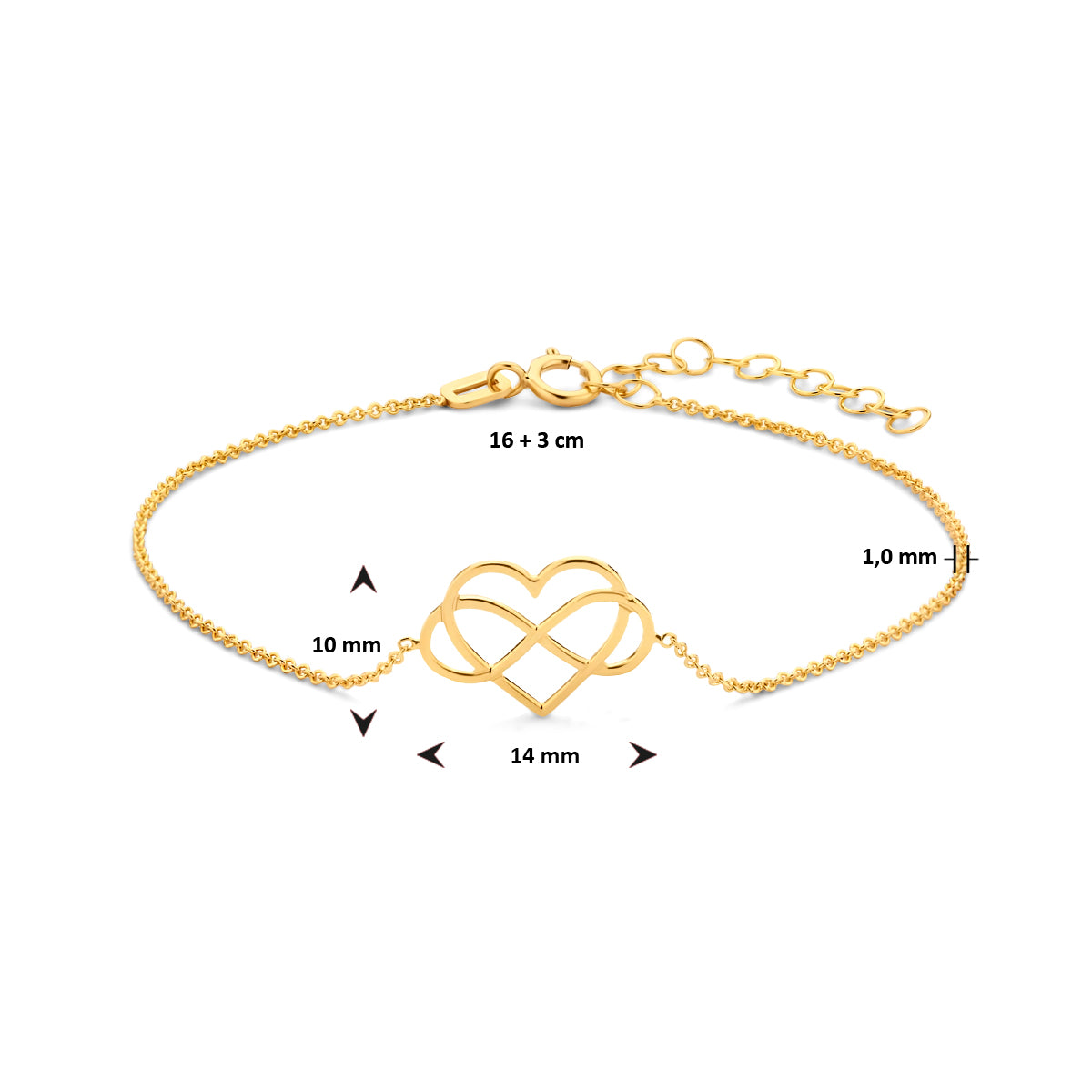 armband hart en infinity 16 + 3 cm 14K geelgoud