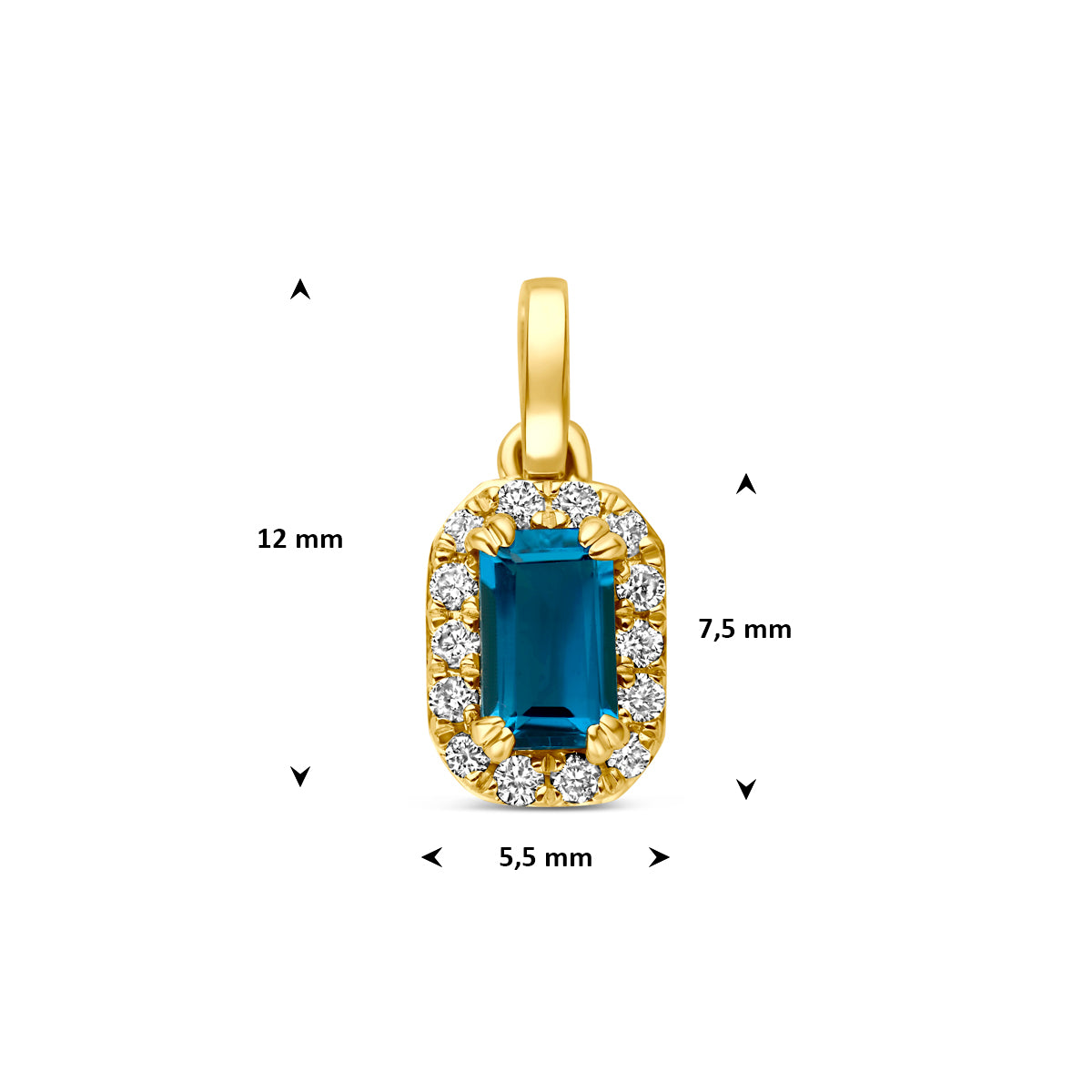 hanger london blue topaas en lab grown diamant 0.08ct f vs 7,5 mm 14K geelgoud