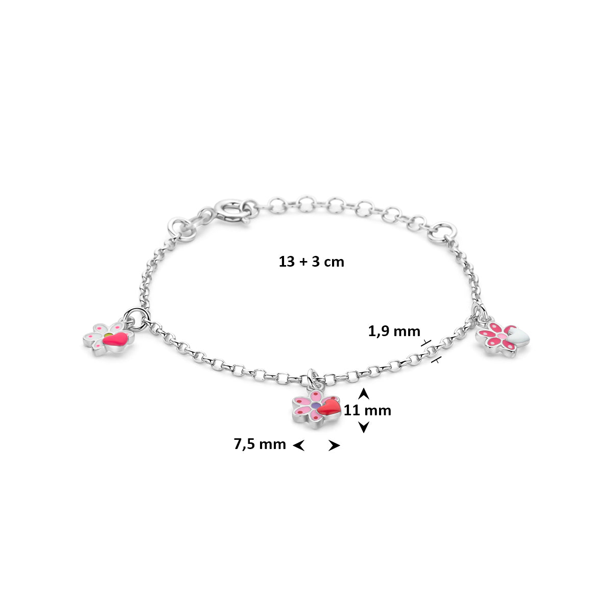 armband bloemen emaille 13 + 3 cm zilver gerhodineerd