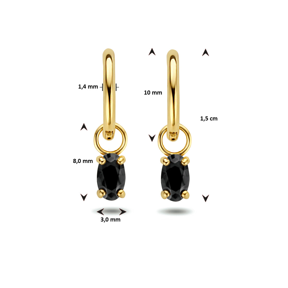 klapoorringen zwart zirkonia 14K geelgoud