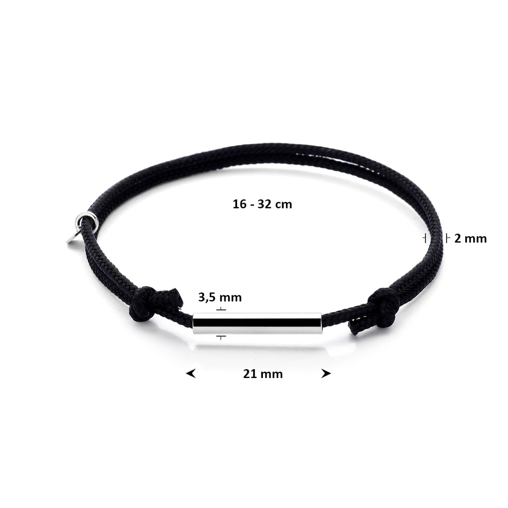 Armband Baumwolle schwarz 16 - 32 cm rhodiniert mit Gummi/Nylon/Leder