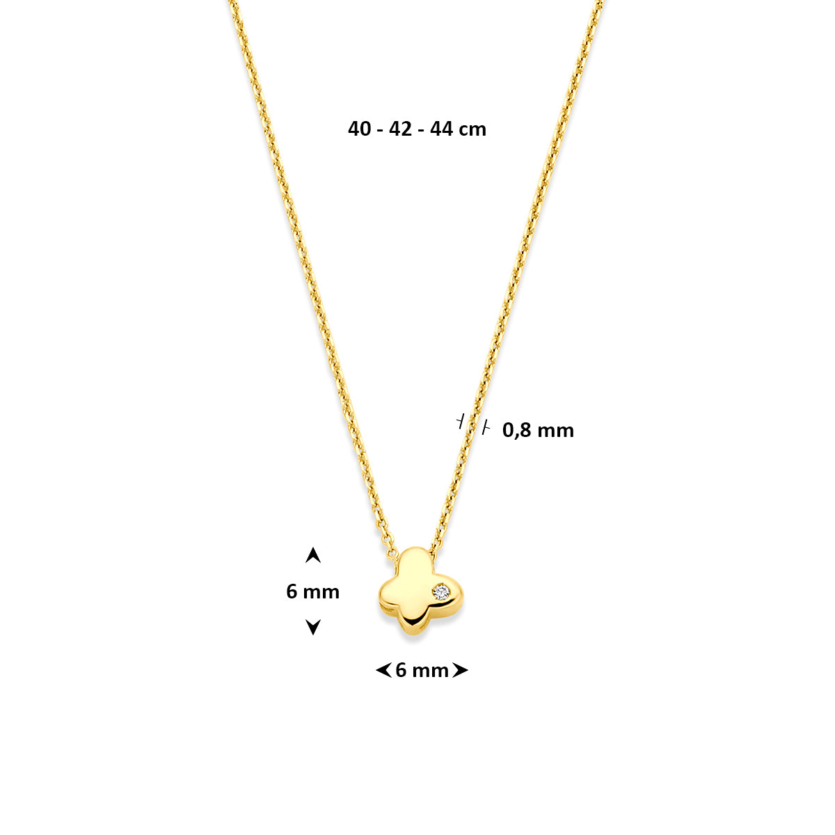 collier vlinder lab grown diamant 0.01ct f vs 40 - 42 - 44 cm 14K geelgoud
