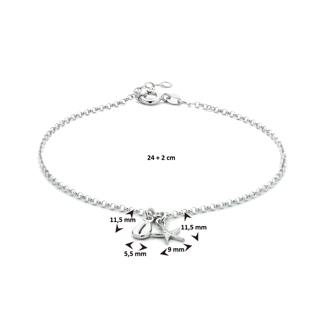 enkelbandje schelp en zeester 24 + 2 cm zilver gerhodineerd