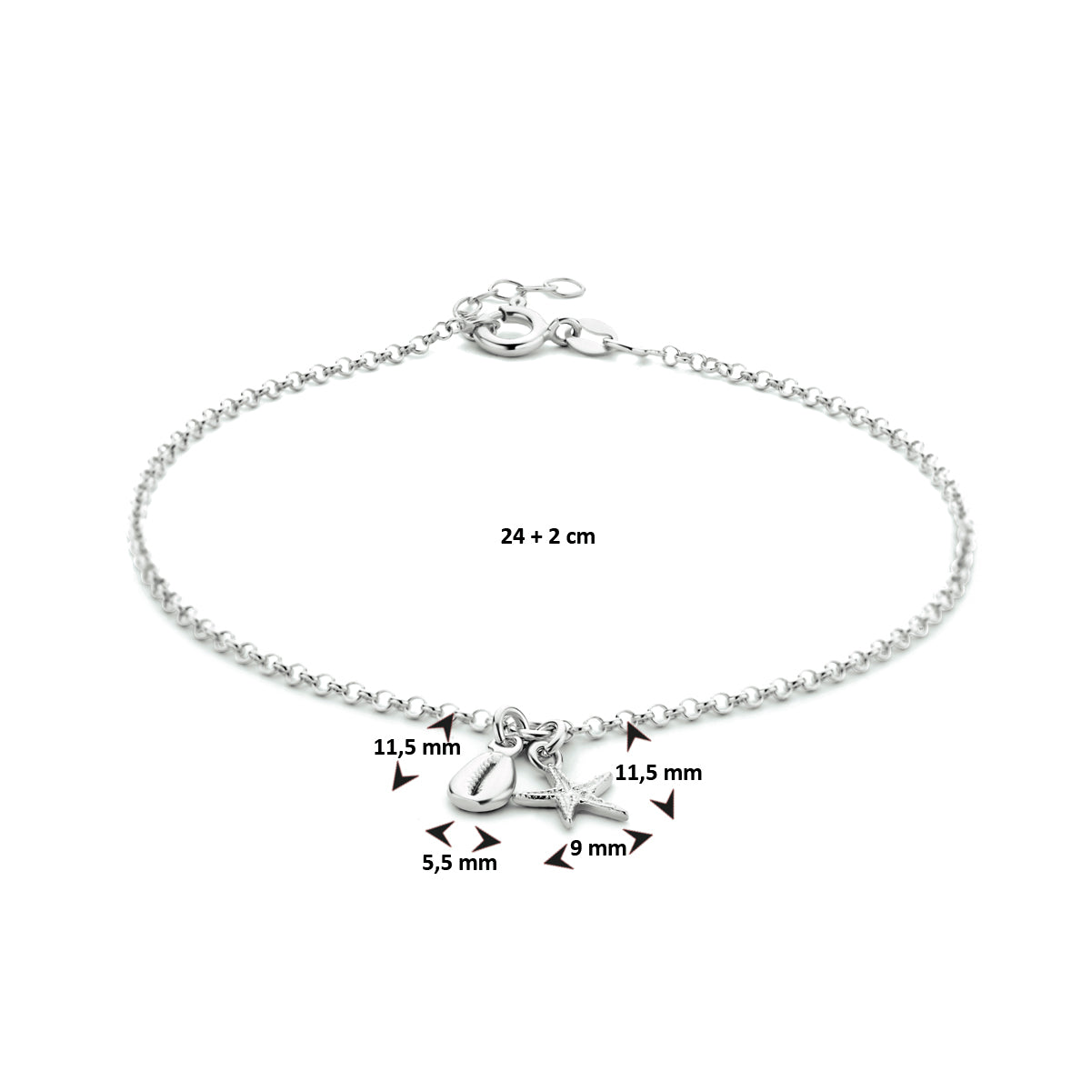 enkelbandje schelp en zeester 24 + 2 cm zilver gerhodineerd