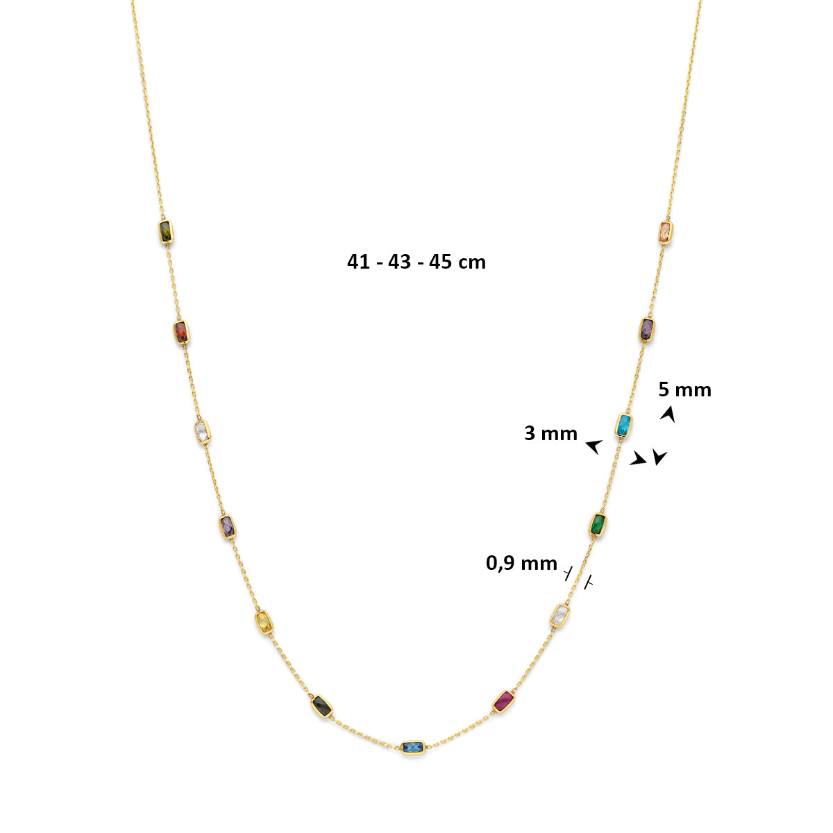 9k collier gekleurd zirkonia 41 - 43 - 45 cm 9K geel
