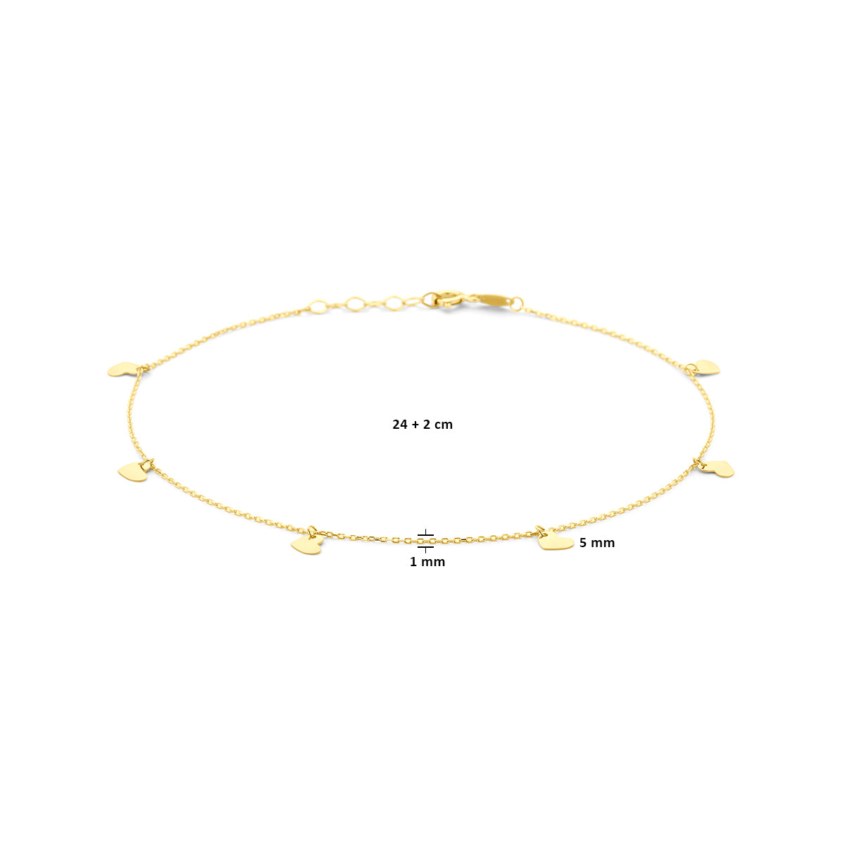 Fußkettchen Herzchen 24 + 2 cm 14K Gelbgold