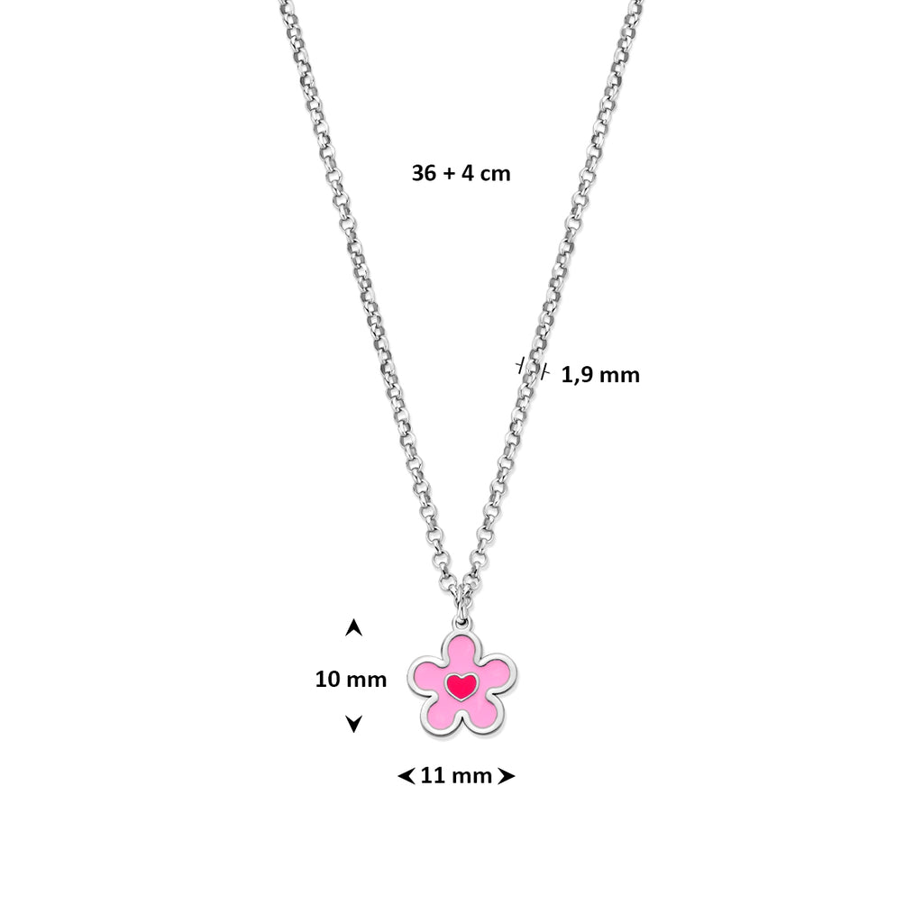 collier bloem en hartje  emaille 36 + 4 cm zilver gerhodineerd