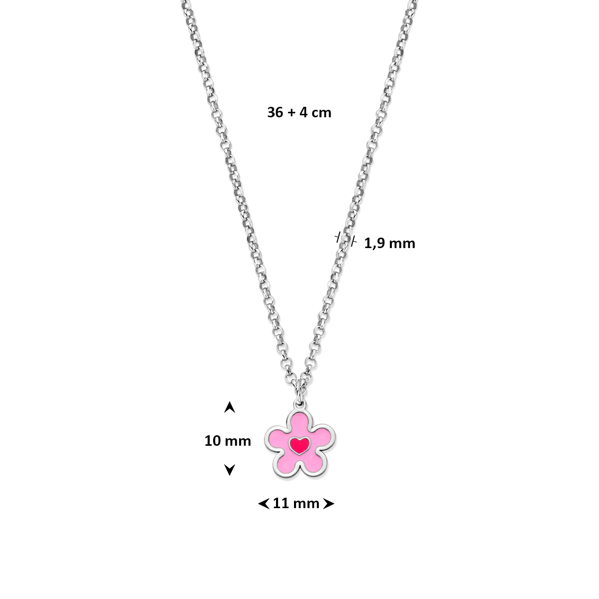 collier bloem en hartje  emaille 36 + 4 cm zilver gerhodineerd