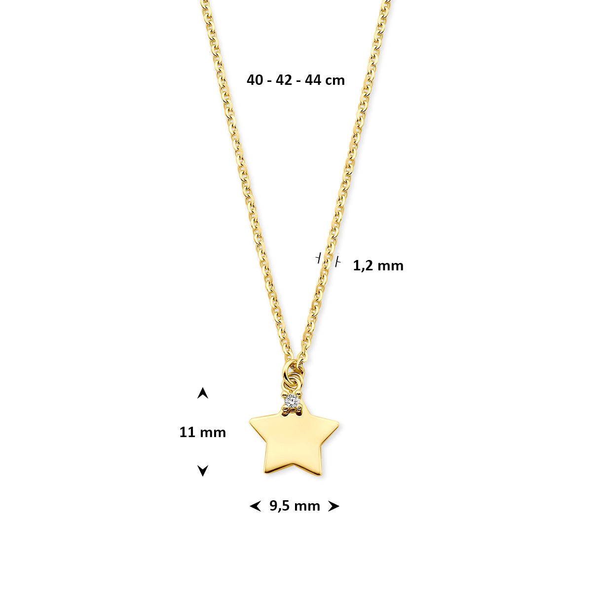 Halskette Stern Zirkonia 40 - 42 - 44 cm 14K Gelbgold