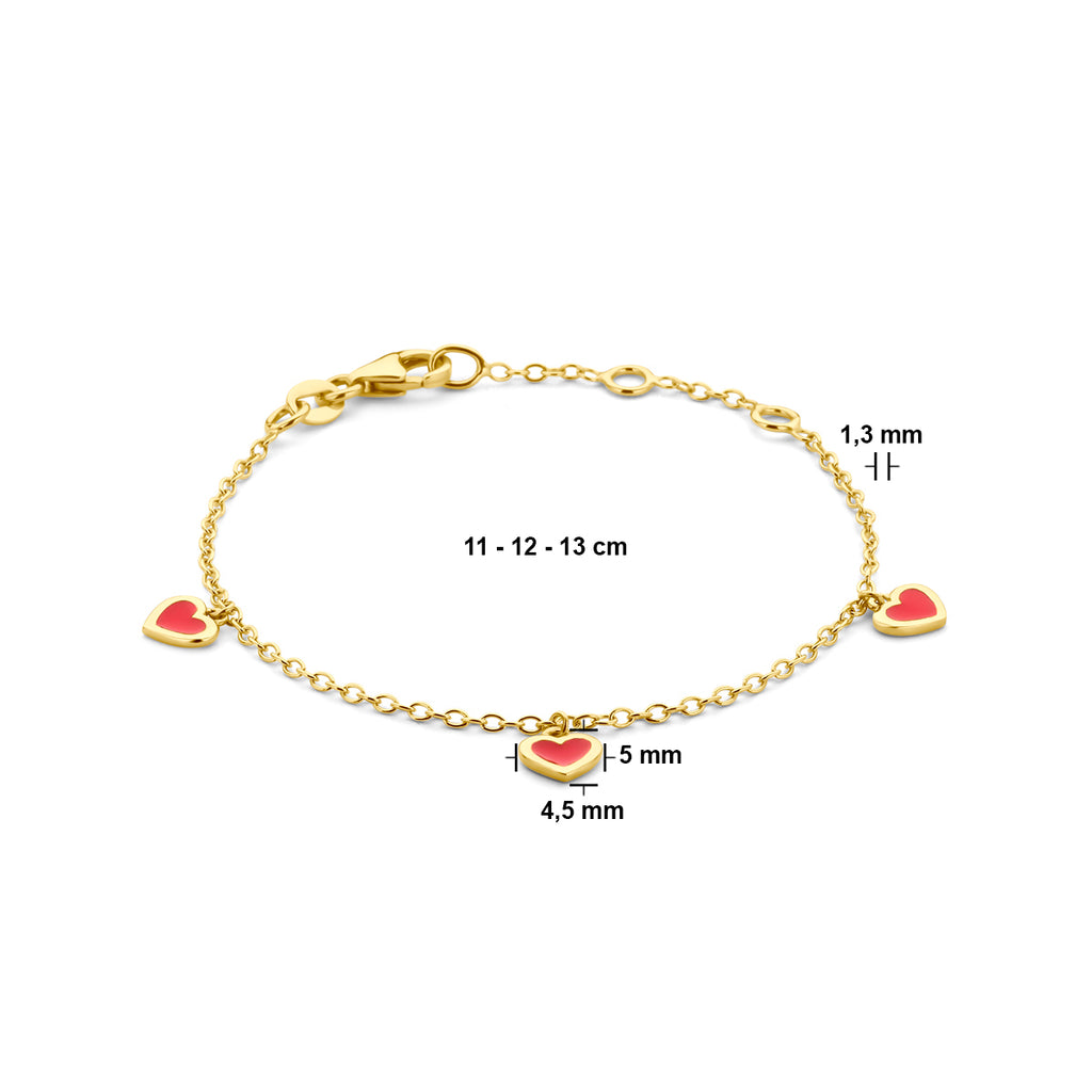 Armband Herzen rot Emaille 11 - 12 - 13 cm 14K Gelbgold
