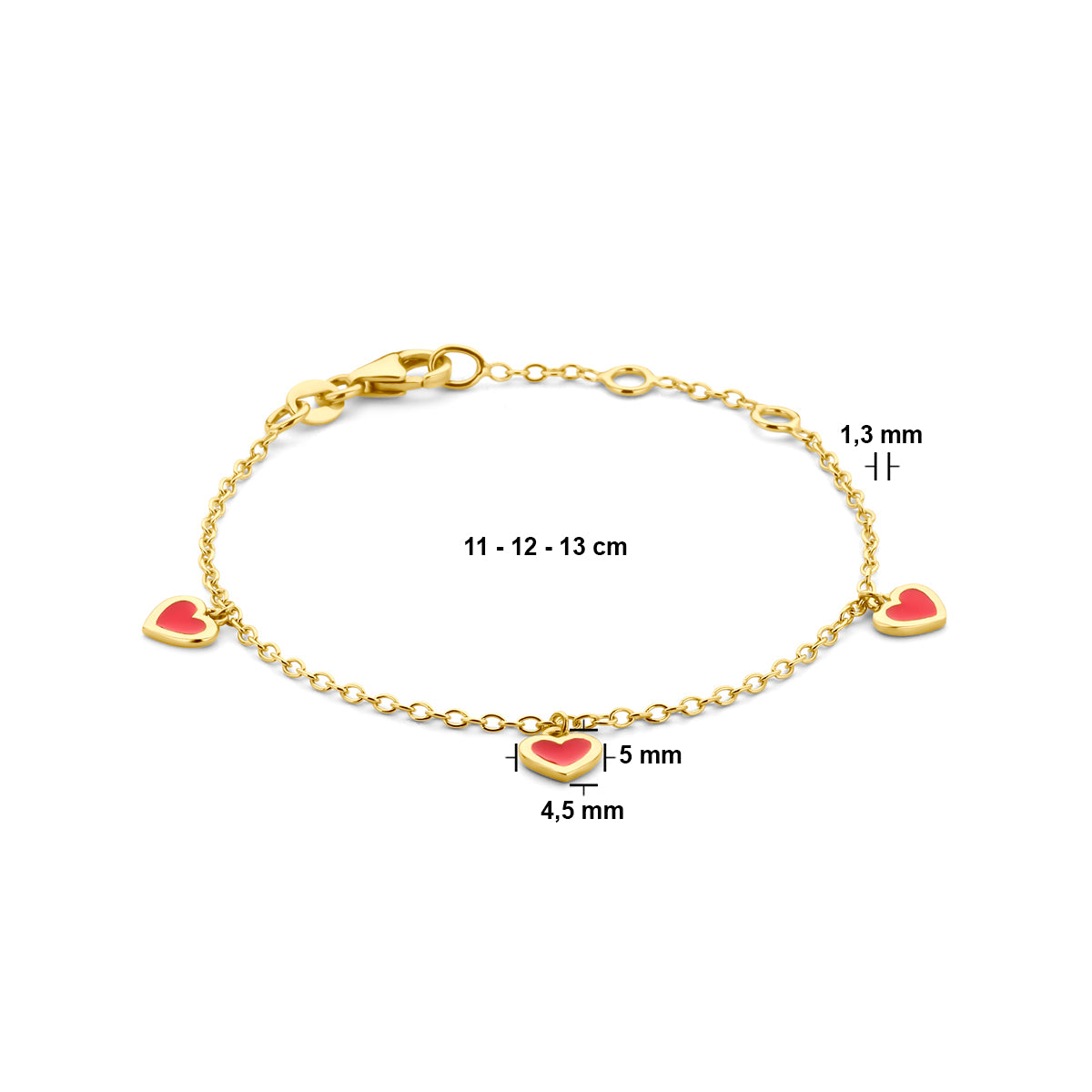 Armband Herzen rot Emaille 11 - 12 - 13 cm 14K Gelbgold
