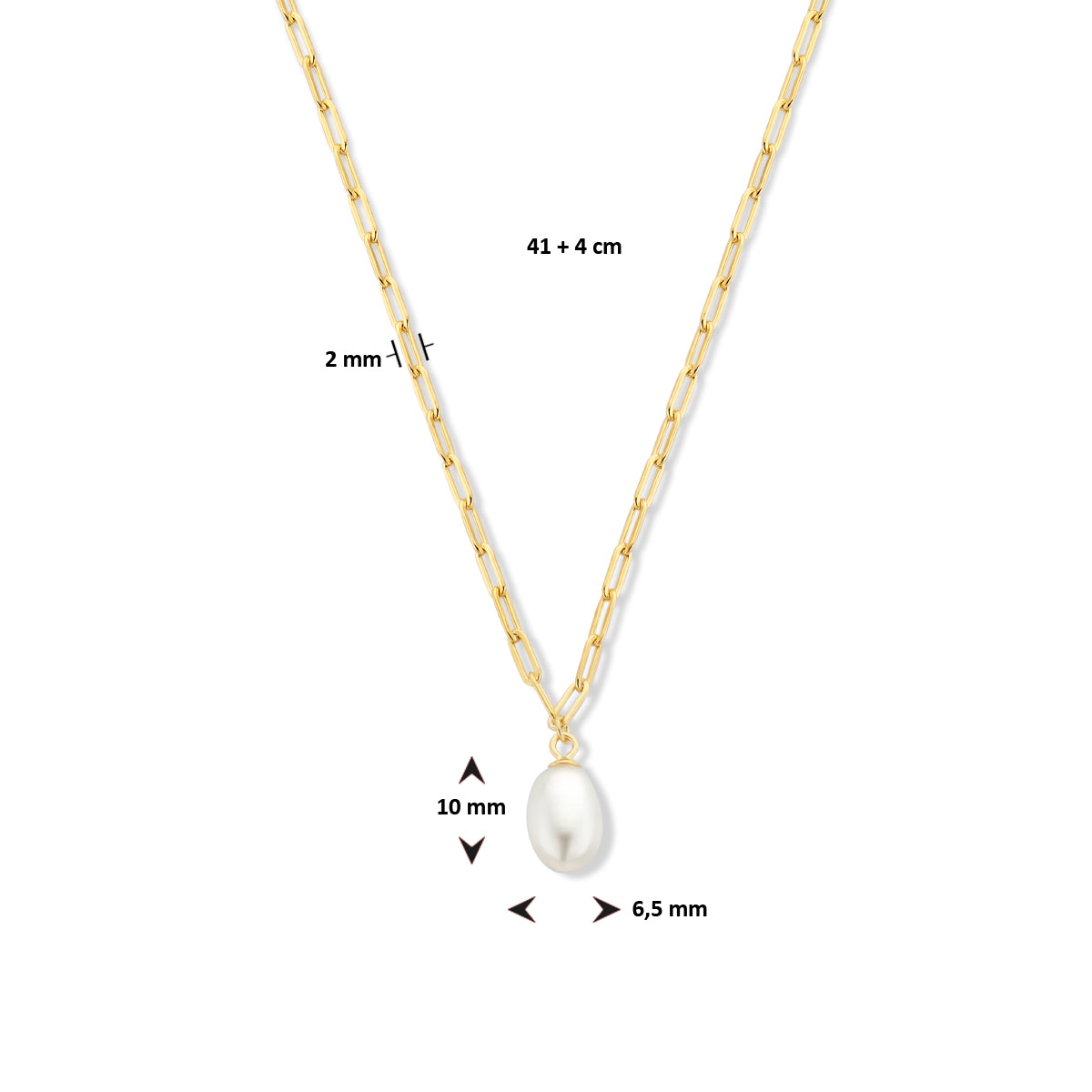 Halskette Büroklammer und Perle 41 + 4 cm Silber vergoldet (gelb)